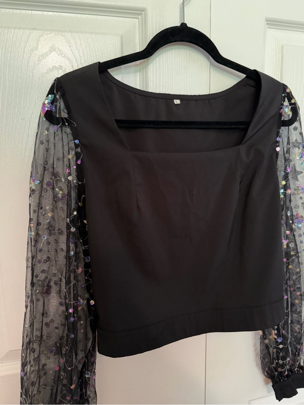 5 for $25! Women’s Black Square-Neck Top with Sheer Sequin Sleeves - Picture 3 of 5